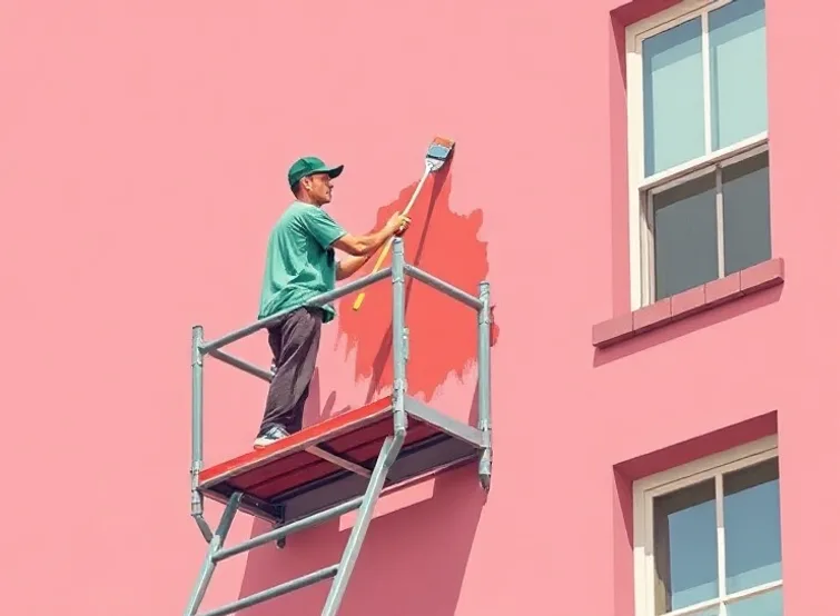 Peintre sur échafaudage traitant la façade d'une maison